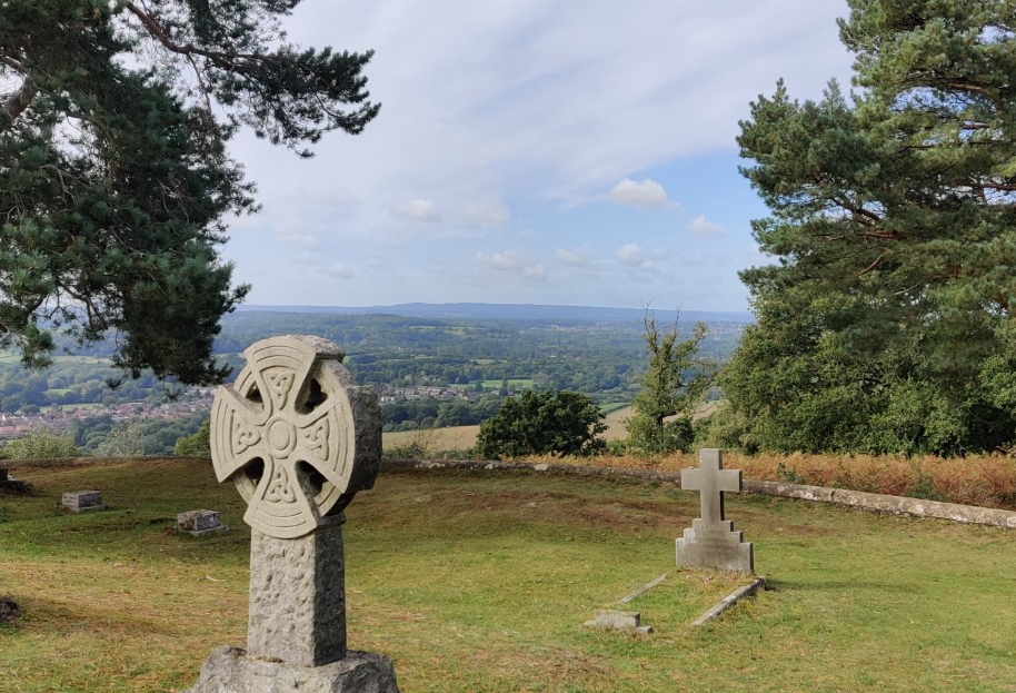 Cemetery at St Martha's with view across Surrey hills